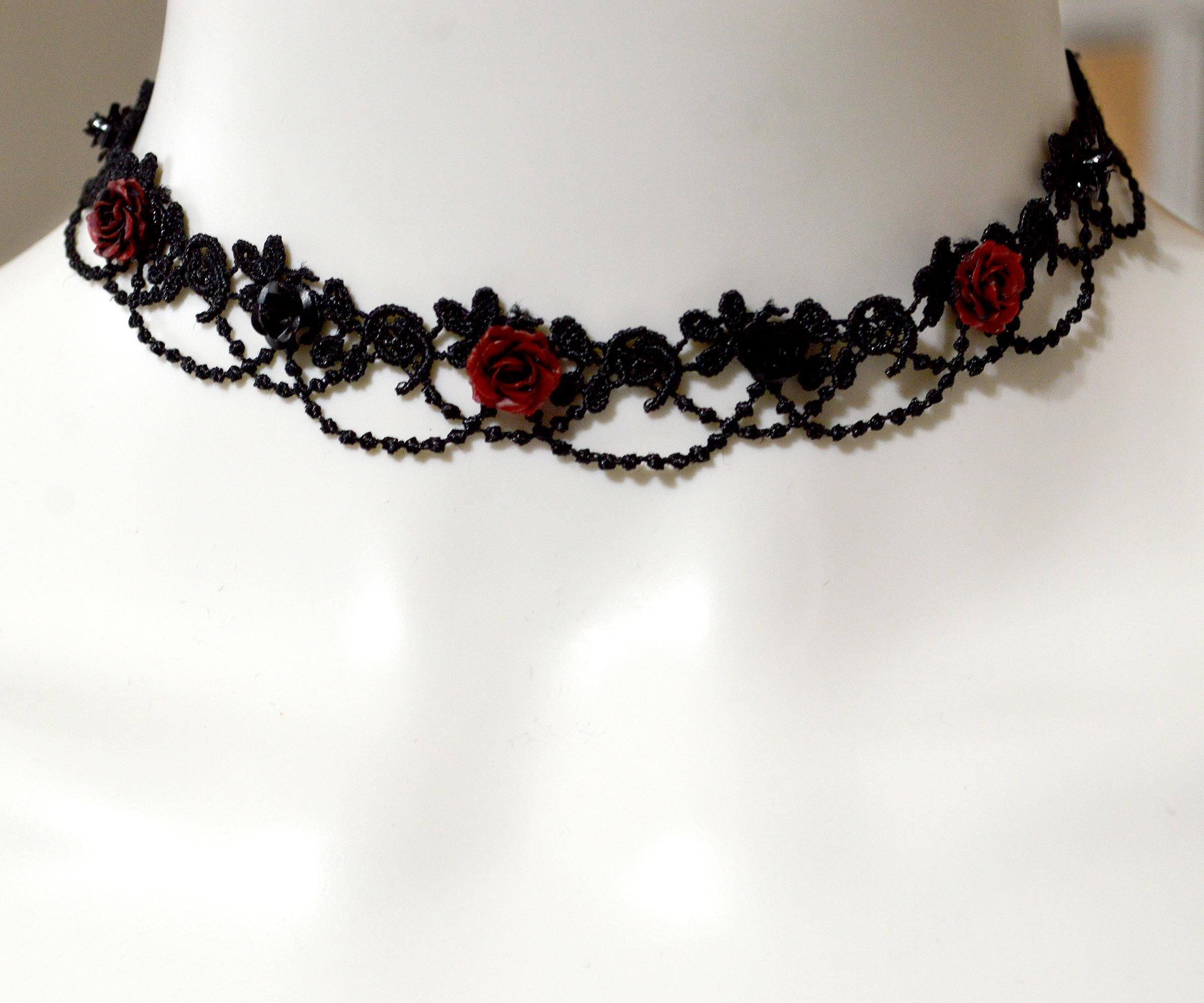 Black and Red Roses Delicate Gothic Choker Lace Regent Necklace ...