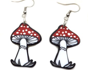 Cute Red and White Mushrooms Earrings | wonderland egirl pastel goth fantasy surgical steel hooks for sensitive ears unique boho magic gift