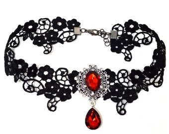 Gothic Red and Black Victorian Lace Choker- gift for nu goth girl victorian 90s alternative