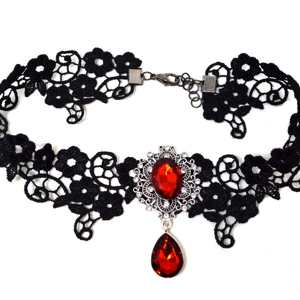 Gothic Red and Black Victorian Lace Choker- gift for nu goth girl victorian 90s alternative