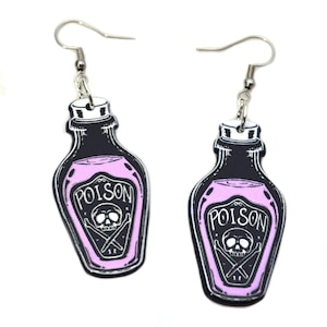 Poison Bottle Goth Earrings | nugoth egirl gothic dark funny hypnotic surgical steel hooks for sensitive ears unique boho witchy magic gift