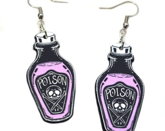 Poison Bottle Goth Earrings | nugoth egirl gothic dark funny hypnotic surgical steel hooks for sensitive ears unique boho witchy magic gift