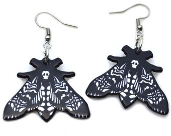 Black and White Moth Earrings | nugoth egirl gothic dark goth hypnotic surgical steel hooks for sensitive ears unique boho magic gift