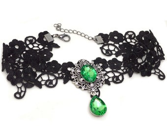 Gothic Green Emerald and Black Victorian Lace Choker- gift for nu goth girl Lolita 90s Y2K fashion alternative bridal wedding collar