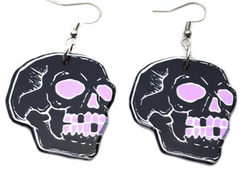 Purple and Black Skull Goth Earrings | nugoth egirl gothic dark riot grrl surgical steel hooks sensitive ears unique boho witchy magic gift