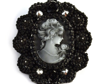 Gothic Black and White Cameo Brooch - Unique Brooch - Collar Pin - Edwardian Brooch - Gift for Mom - Edgy - Cloak Brooch - Free US Shipping