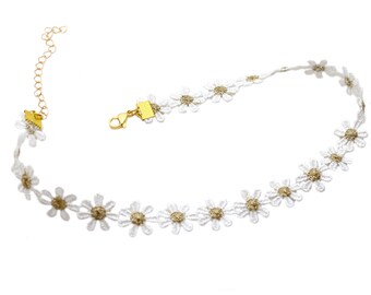 White and Gold Flower Lace Hippie Daisy Chain Choker Necklace - gift for her summer festival layering boho accessory with adjustable length