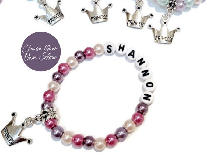 PRINCESS Handmade Personalised Name Children Teens Princess Charm Bead Bracelet ~ Gift for Girls, Sisters, Friends ~ Choose Your Own Colour