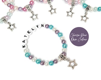 WISHING STAR Handmade Personalised Name Children Teens Star Charm Bead Bracelet ~ Gift for Girls, Sisters, Friends ~ Choose Your Own Colour