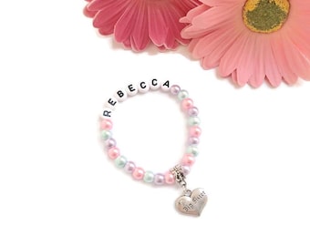 BIG SISTER Handmade Personalised Name Children Teens Heart Charm Bead Bracelet ~ Gift for New Big Sister ~ Choose Your Own Colour