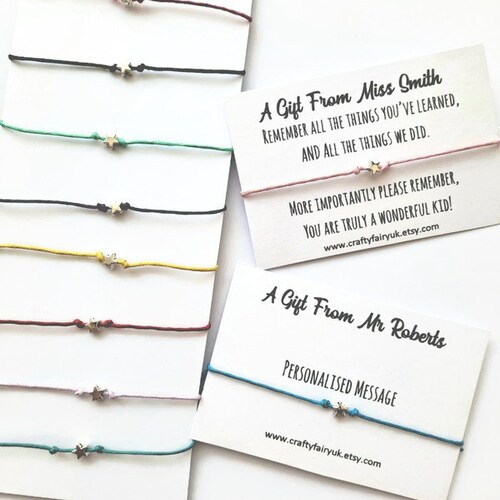 1 to 30 Pieces CHILDREN Personalised Teacher to Student Charm Wish Band Bracelets School Leavers Present Gift ~ Well Done ~ End Of Yea