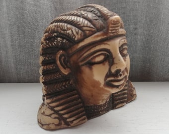 Egyptian Pharaoh Head Statue - Hand Carved Stone Vintage Table Decor