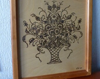 Burnt wood painting. Vase with flowers - Scandinavian style - LL86