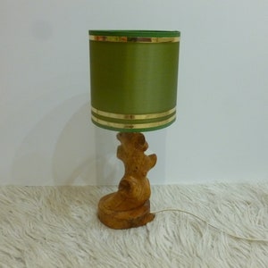 Natural Wooden table lamp -1970s- gold and green Lampshade