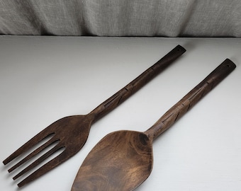 Salad Spoon XXL Set of 2 Handmade Natural Wood-Vintage