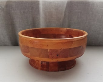 Pedestal Bowl Mosaico de madera-1977s Noruego Hecho a mano Vintage