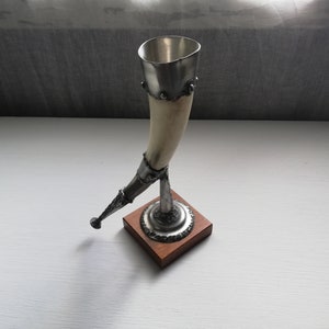 Antique cup Viking Motive Large Size Table Decor Natural Horn With Pewter And Teak Wood, Beautiful Norwegian Art