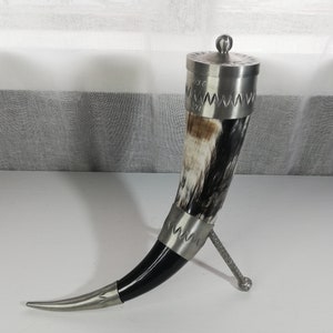 Swedish Vintage XXL Viking Motive Horn cup Table Decor Natural Horn With Pewter-Beautiful Swedish Handmade-Vintage