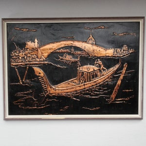 Venetian Wall Decor 1963s Copper With Wooden Frame-Italian Handmade