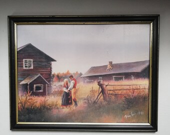 Norwegian Vintage-Norwegian Artist 1991s Copy Print With Wooden Frame and Organic glass