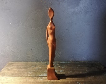 【希少】arne basse Denmark wood sculpture Vintage Arne Basse Teak Sculpture: 1960s MCM Danish Girl Art