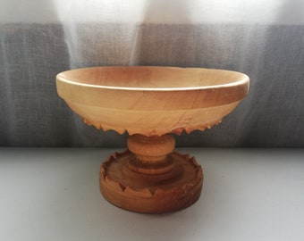 Pedestal Bowl 1960s Wooden Bowl-Norwegian Handmade Vintage-Natural Wooden