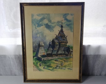 Norwegian Antique 1927s Hand Painting-With watercolor Painting-Borgund Stave Church-With Wooden Frame And Glass-Beautiful Artwork
