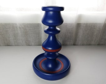 Swedish Extra large and Massive Blue Candle Holder Natural Wooden-Vintage