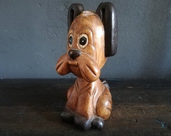 HAND CARVED Painted  Wood Dog Vintage  Wood sculpture Wood Souvenirs Handmade,