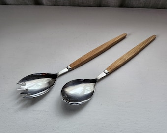 Mid Century Modern Swedish Salad Spoon Set of 2-Steel and Natural Wood