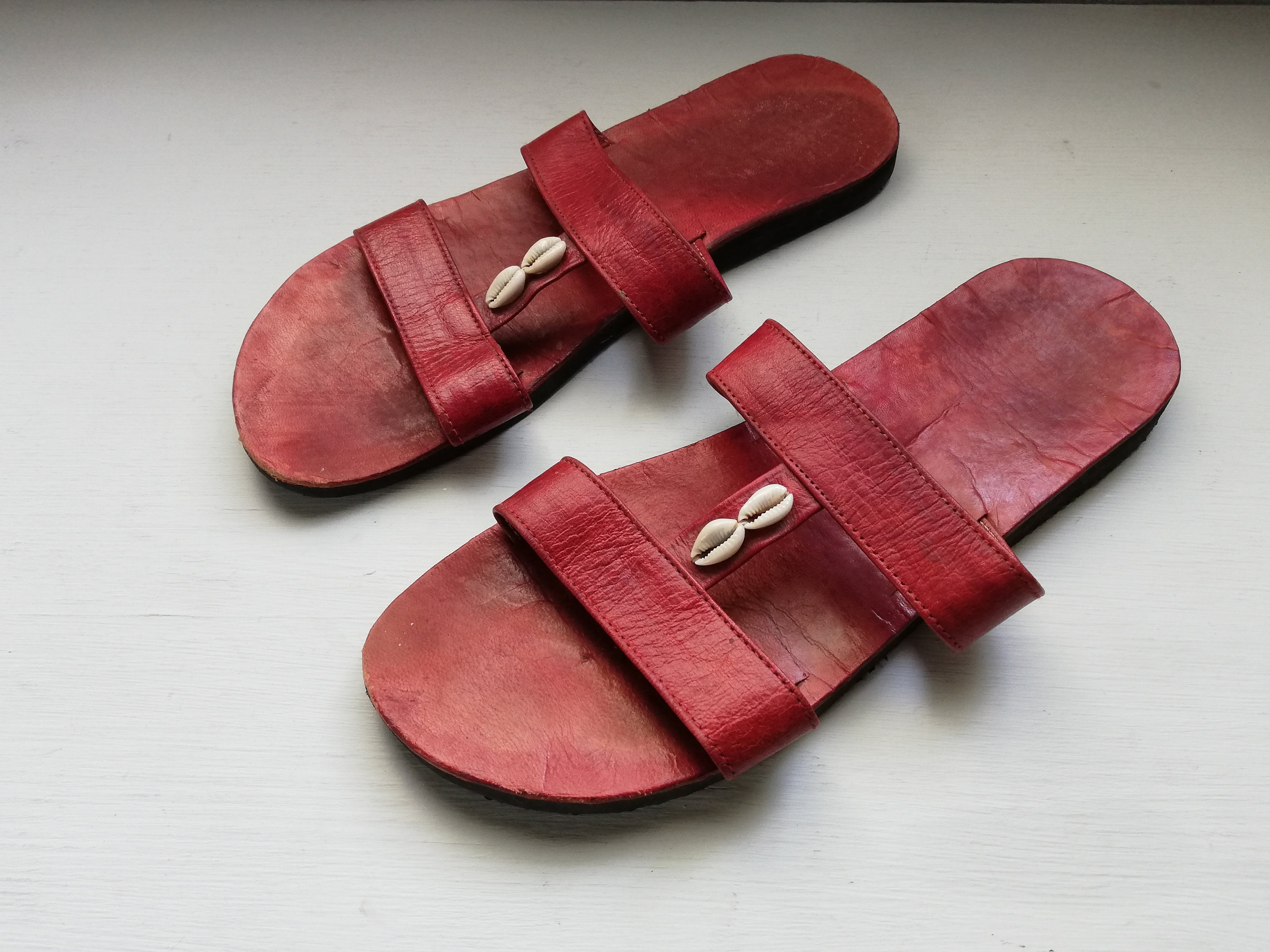 red flat slide sandals
