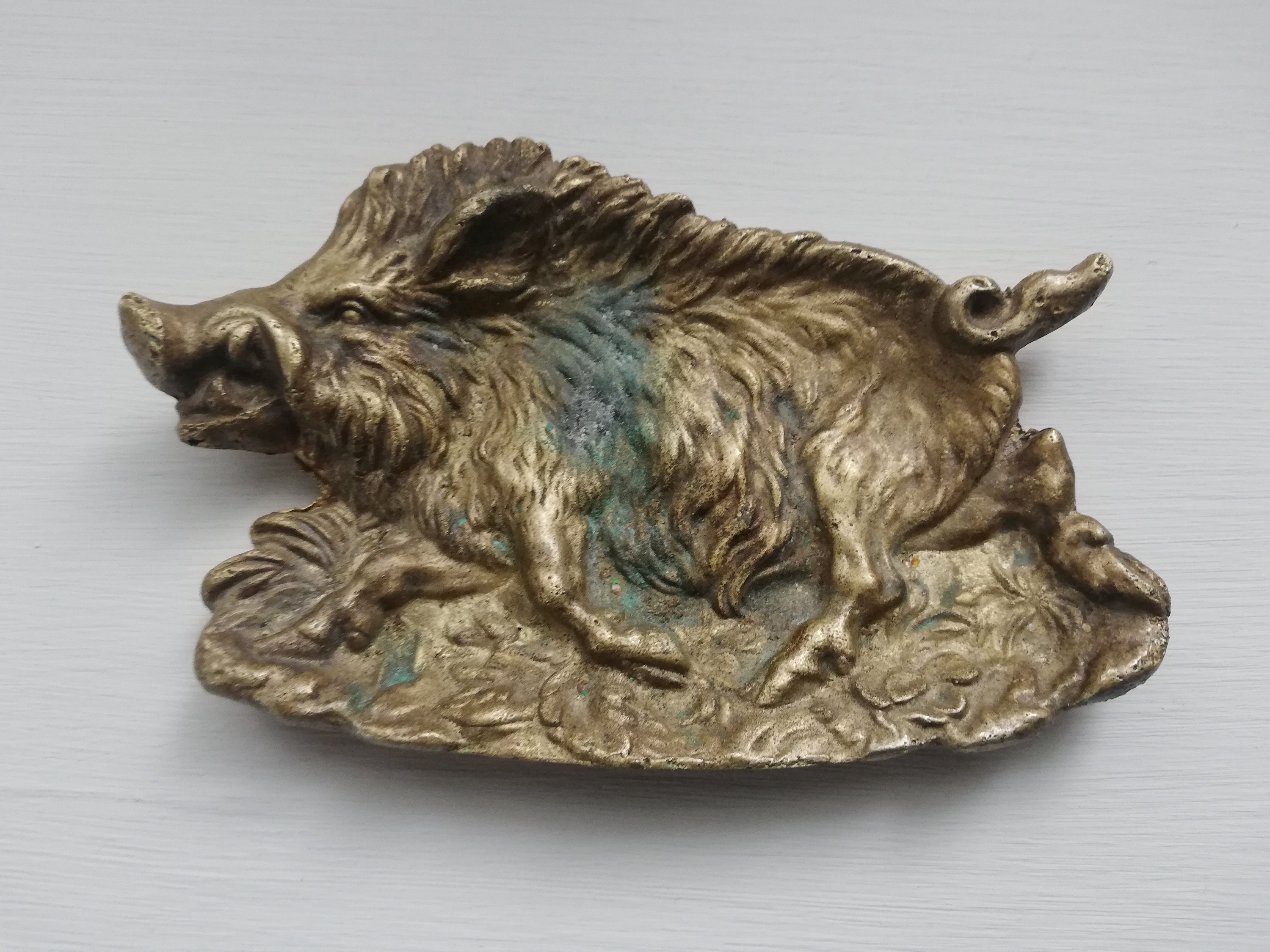 フランスアンティークブロンズワイルドピッグリングディッシュコイン