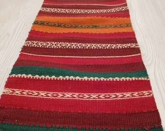 Può includere: Un tappeto runner tessuto con un motivo a righe nei toni del rosso, verde, arancione e marrone. Il tappeto presenta un motivo geometrico ripetuto in bianco. Il tappeto ha un bordo con frange ed è esposto su un pavimento in legno chiaro.
