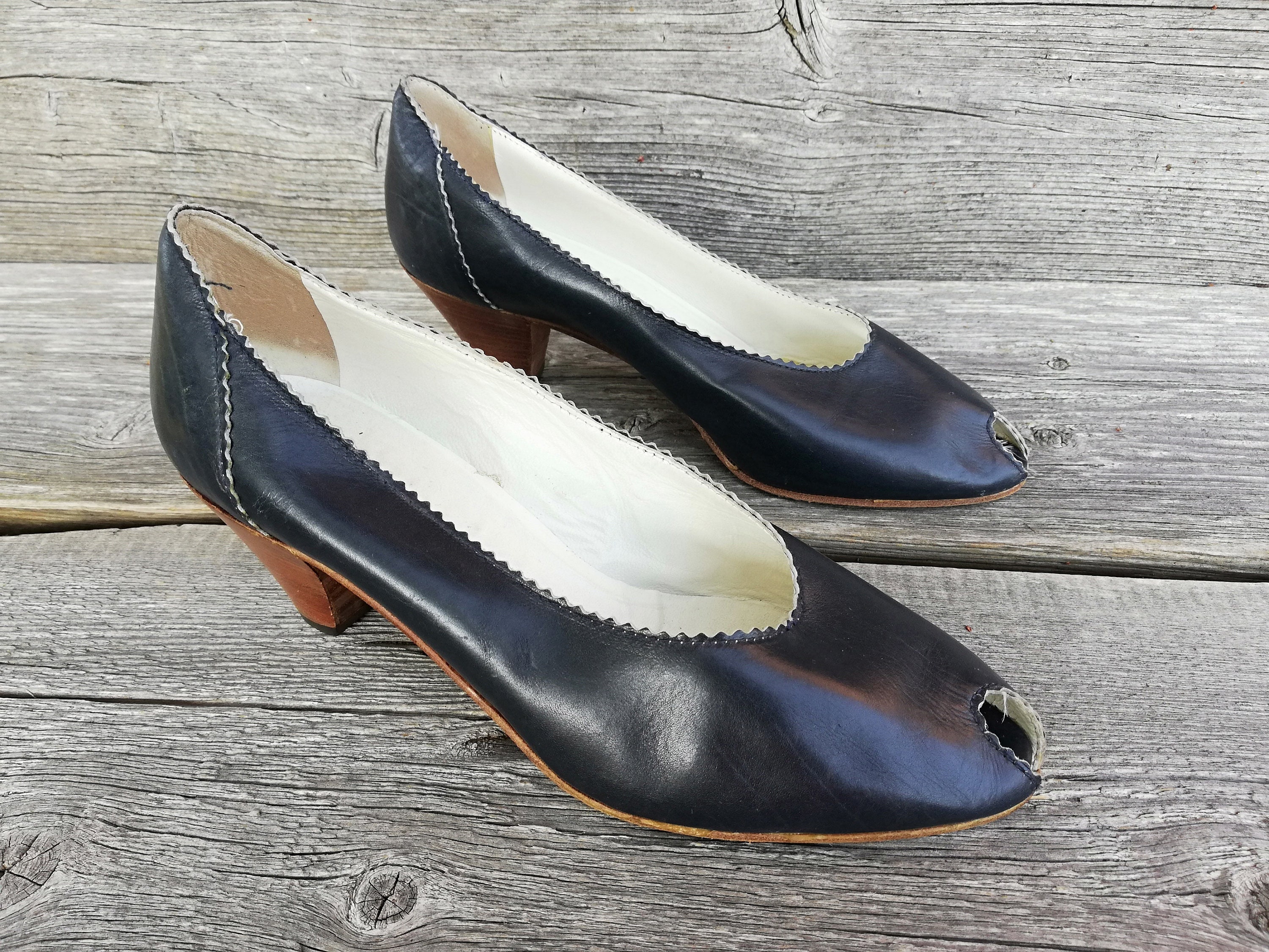 Bottes Vintage Cuir Bleu - Femme - Taille 39,5 - Talon Haut Cône - Fabriquées En Italie