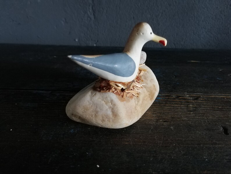 Natural Stone end Ceramic seagull Decor Swedish Handmade