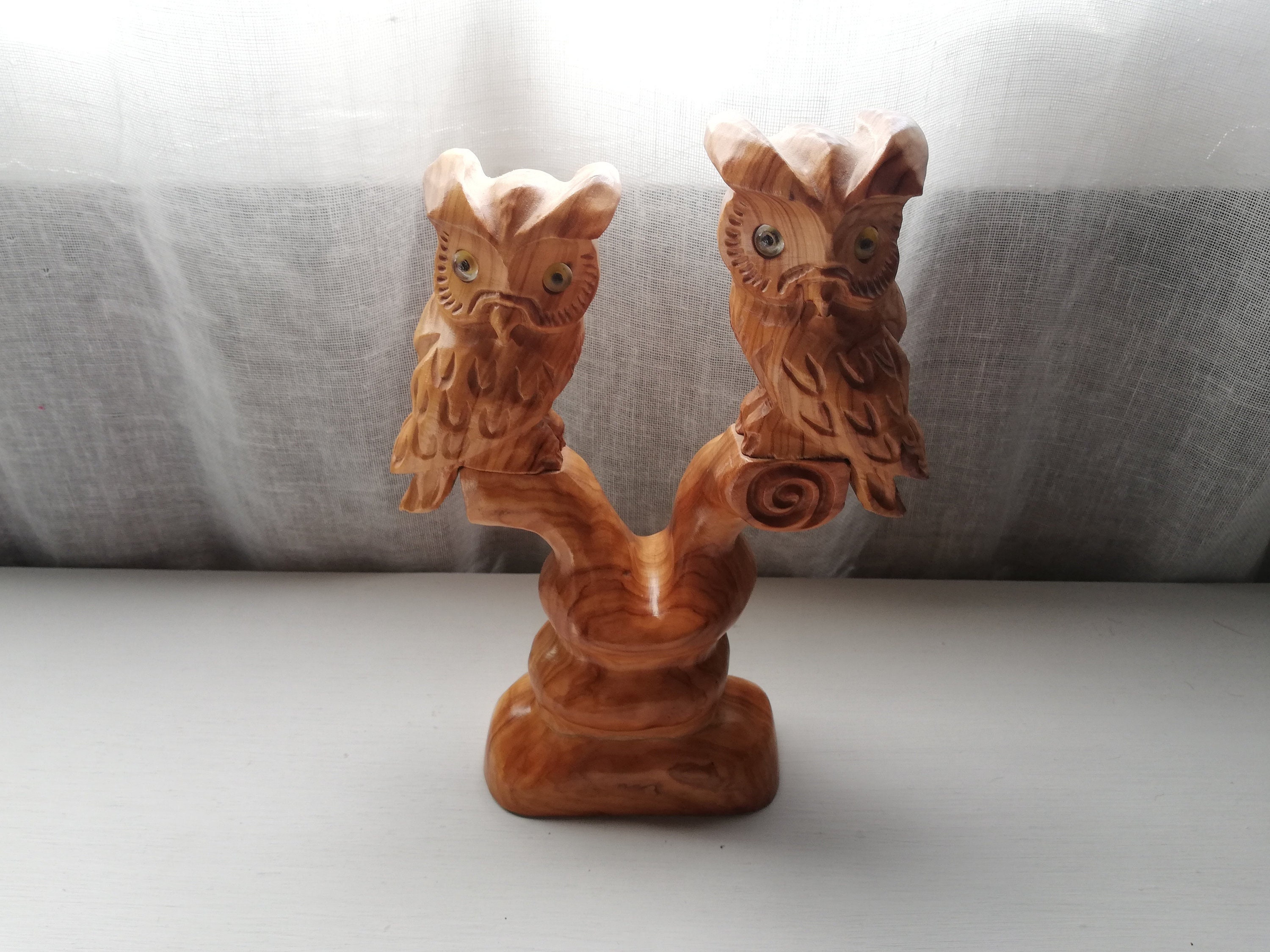 Hand Carved Ash Wood Owl Sculpture: Swedish Vintage Table Decor