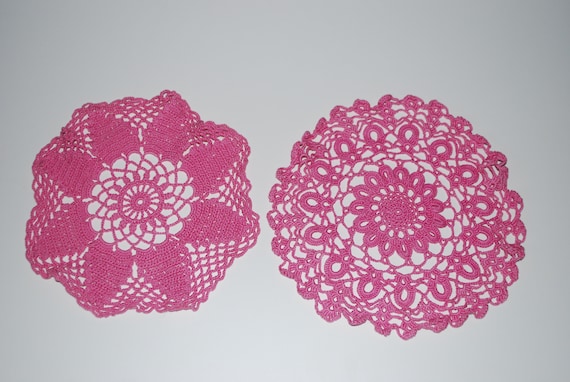Set of 2. PINK Lace Doily, Elegant Table Decor. Vintage farm home decor.