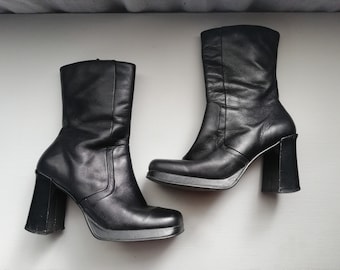 Black Leather Women’s Platform Ankle Boots - Size  Eur 38, US 7.5, UK 5.5