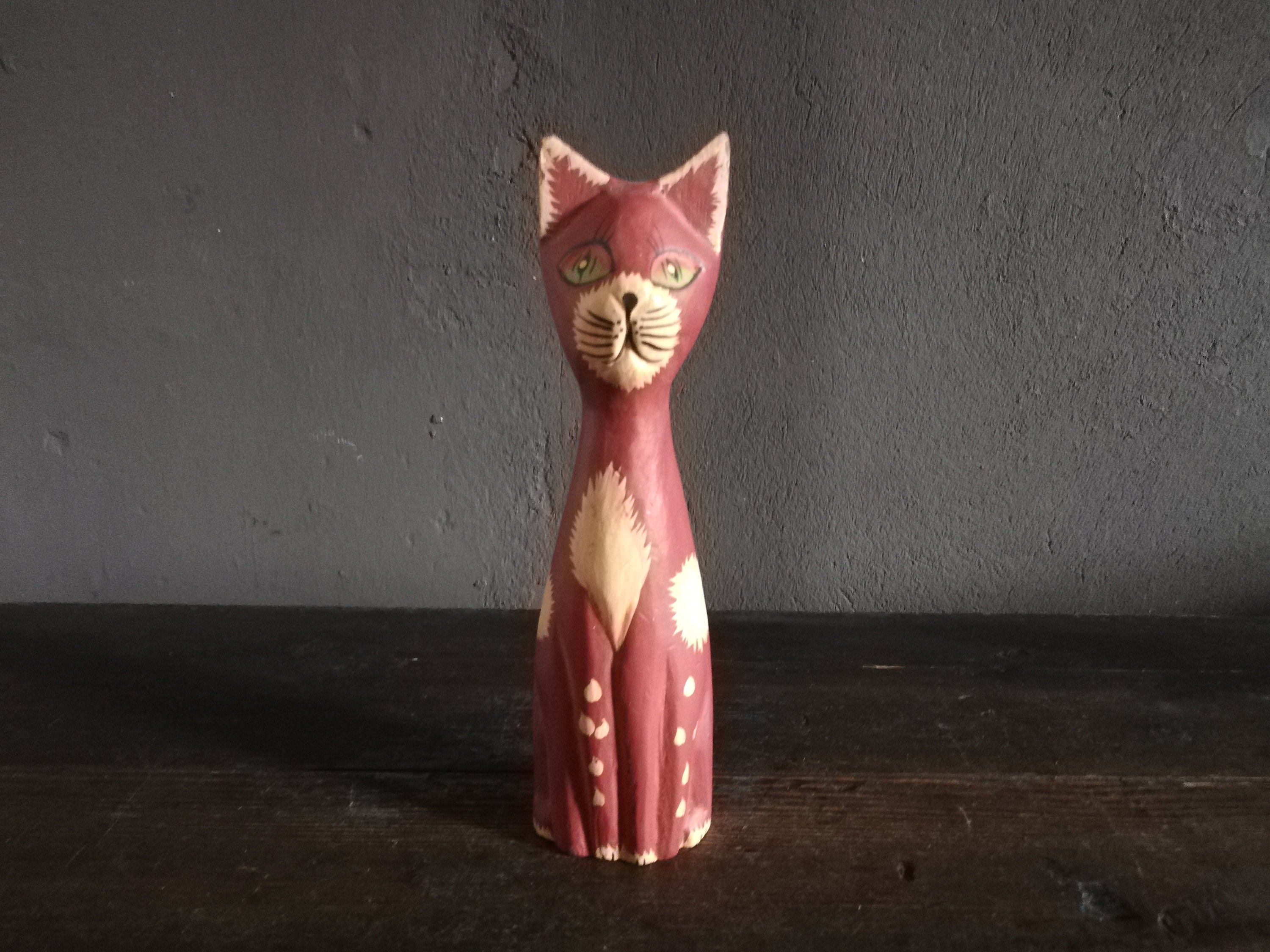 Vintage Wooden Cat Statue Carving Hand Painted Etsy
