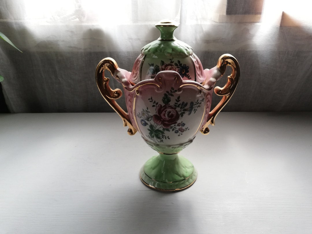 Porcelain Pedestal Bowl With Lid Italian Antique 24k Gold Etsy