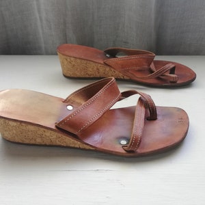 Womens Slide Sandals Brown Leather - cork sole - Size 38 eur, 7.5 us, 5.5 uk