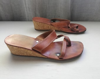 Womens Slide Sandals Brown Leather - cork sole - Size 38 eur, 7.5 us, 5.5 uk