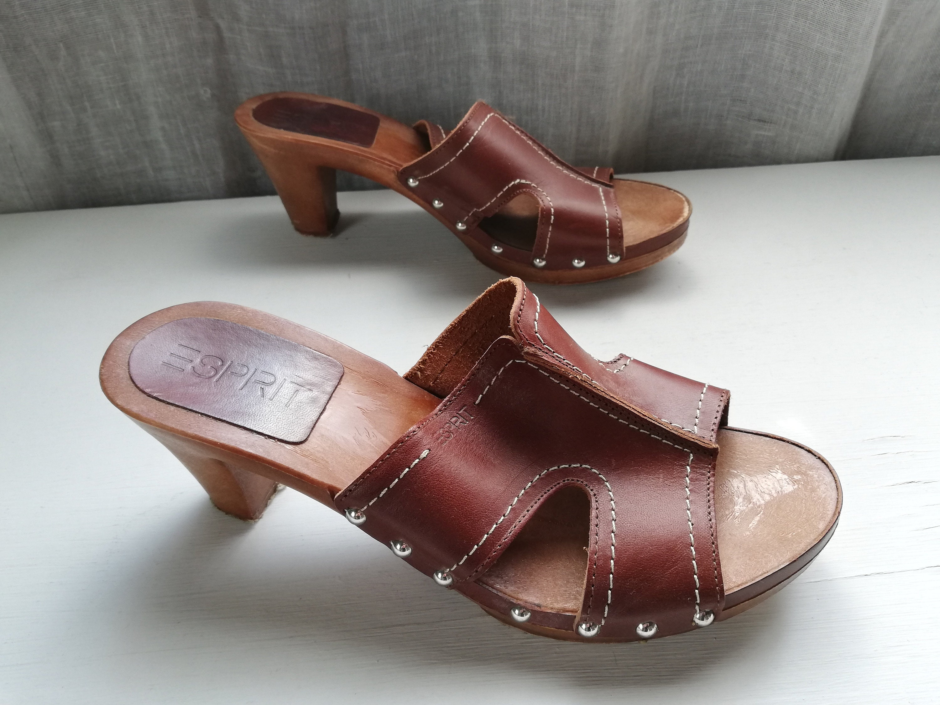 Women's Brown Leather Clogs Mules Esprit Size EUR Etsy