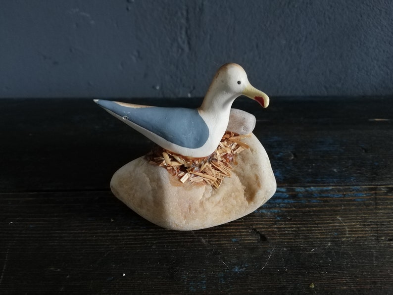 Natural Stone end Ceramic seagull Decor Swedish Handmade