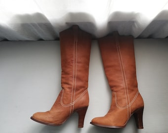 Brown Leather High Boots- Size EUR 37, US 6.5 , UK 4.5 Ichi Boots