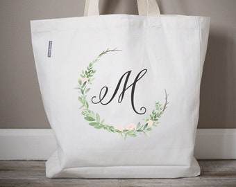 Personalized Bridesmaid Tote Bag | Monogrammed Floral Wreath, Cotton Blend