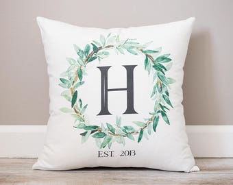 Olive Branch Monogram Pillow | Personalized Linen Wedding Gift