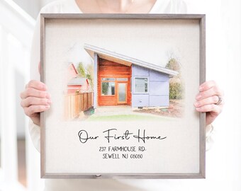 Custom Watercolor House Portrait: First Home Gift on Wood Sign