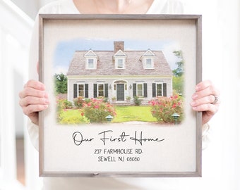 Custom Watercolor House Portrait Wood Sign: First Home Gift