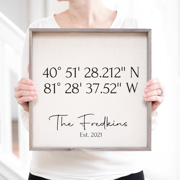 Latitude and Longitude Framed Linen Print | Personalized Wedding Gift | GPS Coordinates | House Warming Gift | Housewarming Gift for Couple